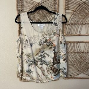 Citron Santa Monica Silk Asian Tank Top Blouse Crane Bonsai Artsy Sz L B29